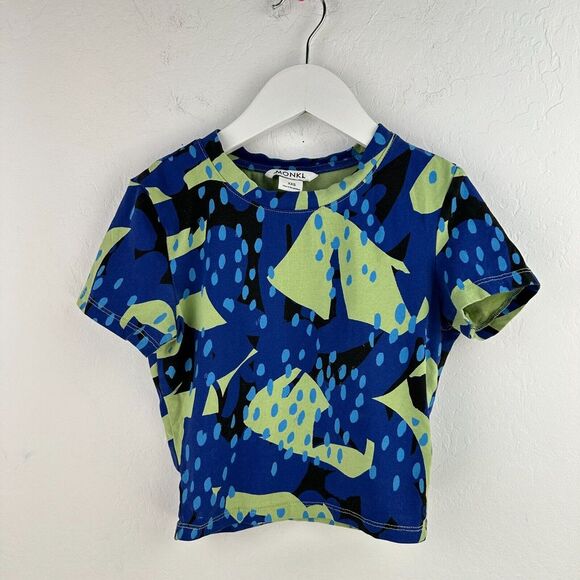 Monki Tshirt Kids XXS Blue Green Cotton Stretch Abstract‎ Short Sleeve Crew Neck - Picture 1 of 7